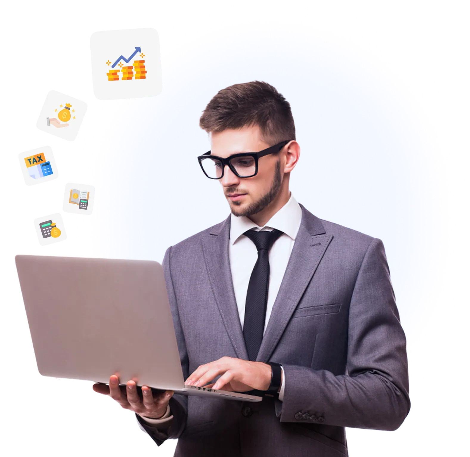 Young finance professional with charts and analytics visuals.